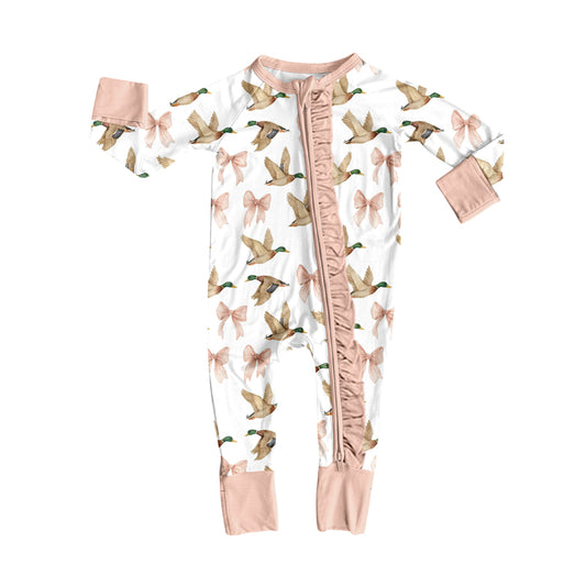 (Pre-order)LR2545 Duck Bows Print Baby Girls Fall Zipper Sleeper Romper