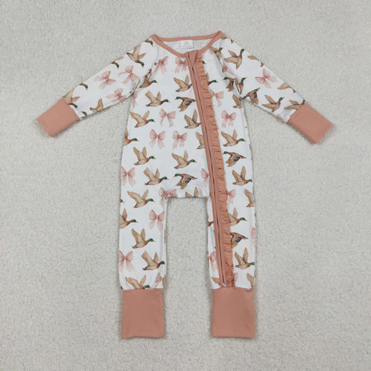 LR2545 Duck Bows Print Baby Girls Fall Zipper Sleeper Romper