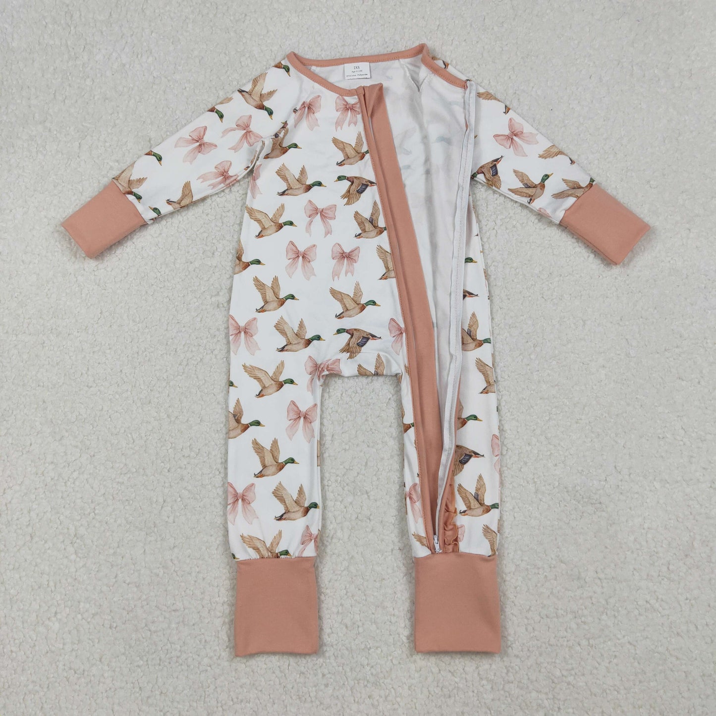 LR2545 Duck Bows Print Baby Girls Fall Zipper Sleeper Romper