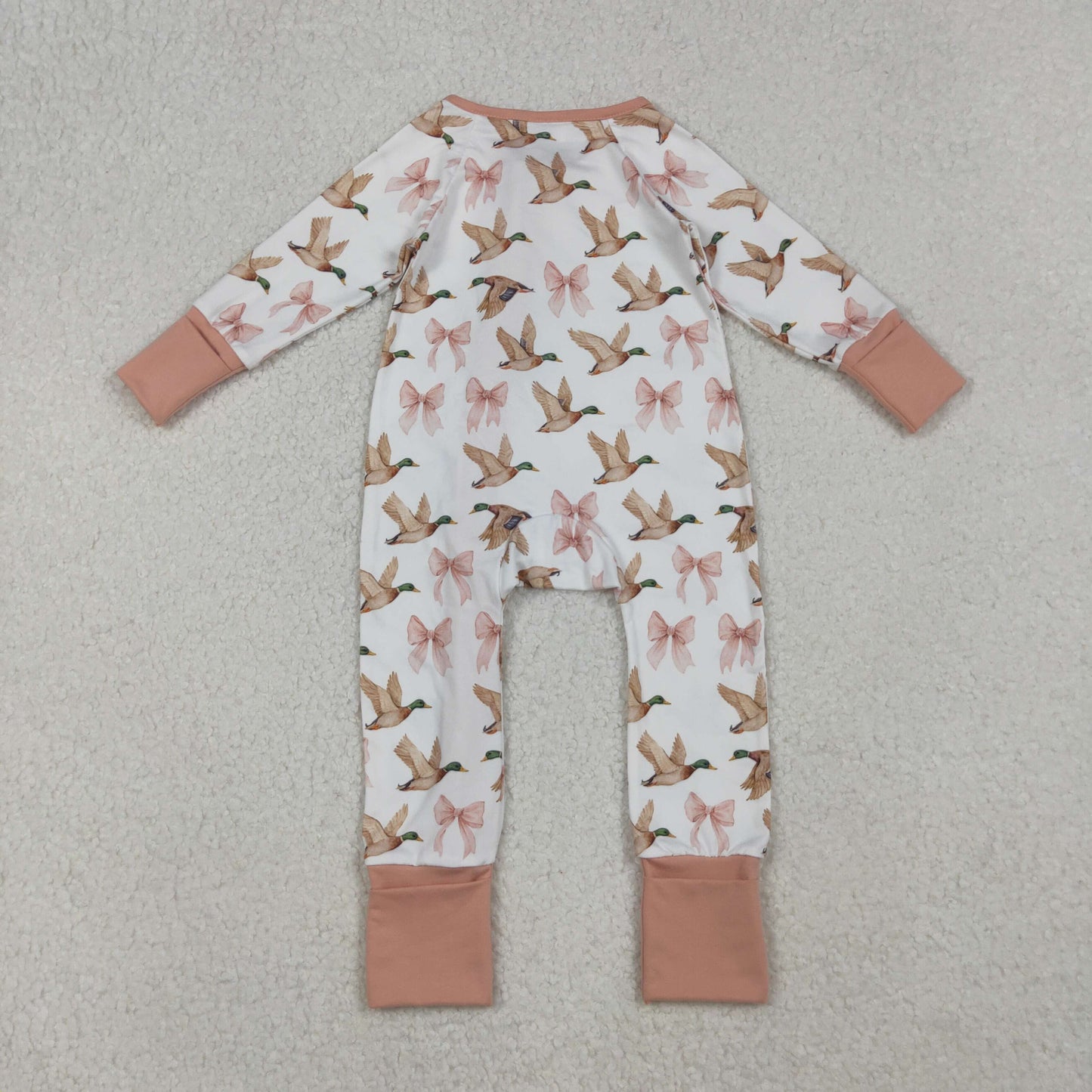 LR2545 Duck Bows Print Baby Girls Fall Zipper Sleeper Romper