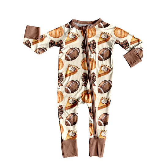 (Pre-order)LR2546 Football Pumpkin Pie Bows Print Baby Girls Fall Zipper Sleeper Romper