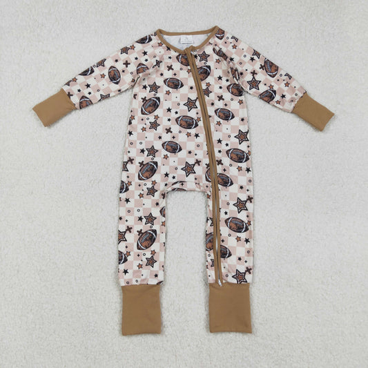 LR2548 Football Stars Plaid Print Baby Boys Fall Zipper Sleeper Romper