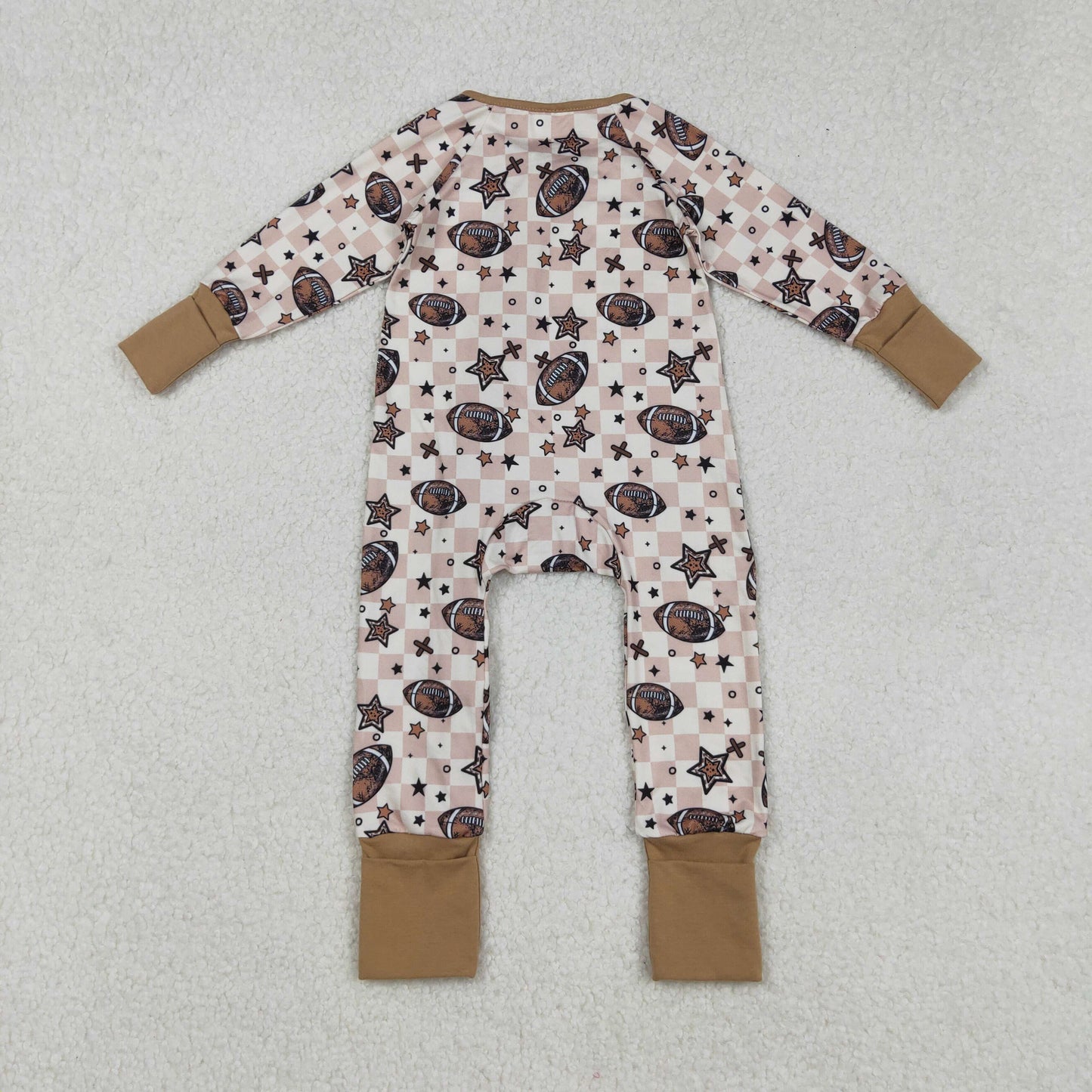 LR2548 Football Stars Plaid Print Baby Boys Fall Zipper Sleeper Romper