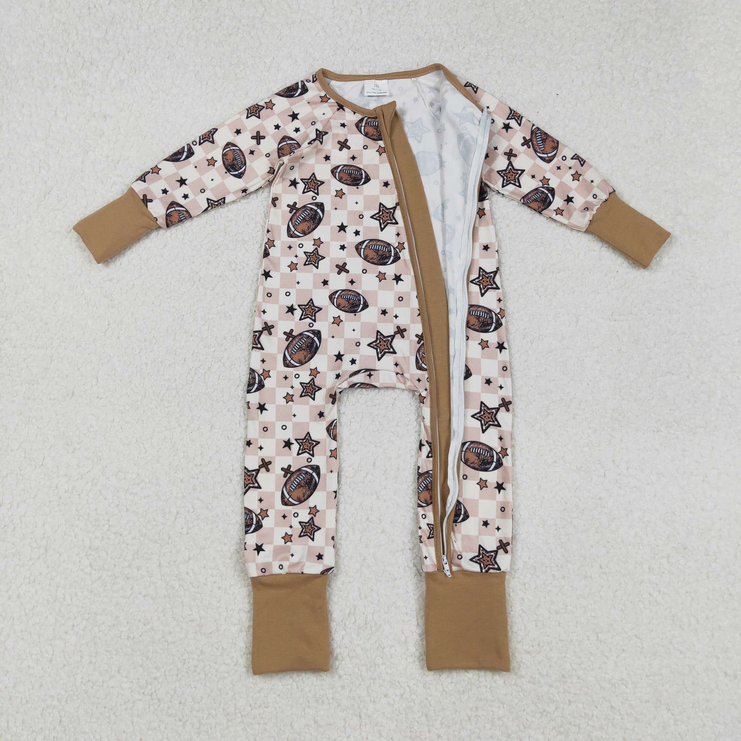 LR2548 Football Stars Plaid Print Baby Boys Fall Zipper Sleeper Romper