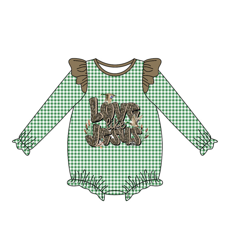 (Pre-order)LR2551 LOVE Like Jesus Duck Green Plaid Print Baby Girls Fall Romper