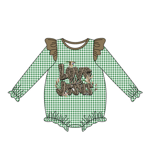 (Pre-order)LR2551 LOVE Like Jesus Duck Green Plaid Print Baby Girls Fall Romper