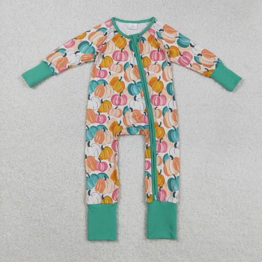 LR2552 Colorful Pumpkin Print Baby Girls Fall Zipper Sleeper Romper