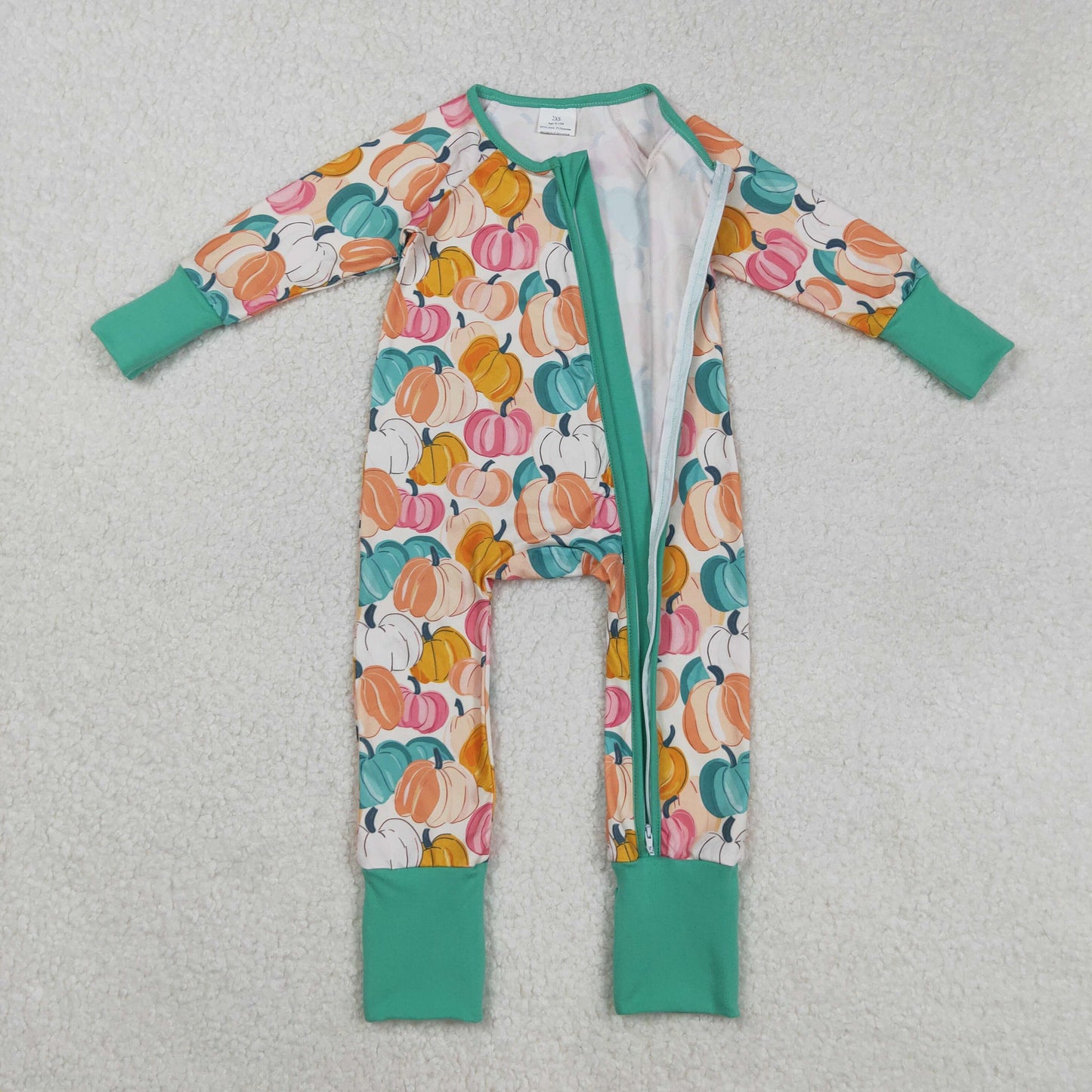 LR2552 Colorful Pumpkin Print Baby Girls Fall Zipper Sleeper Romper