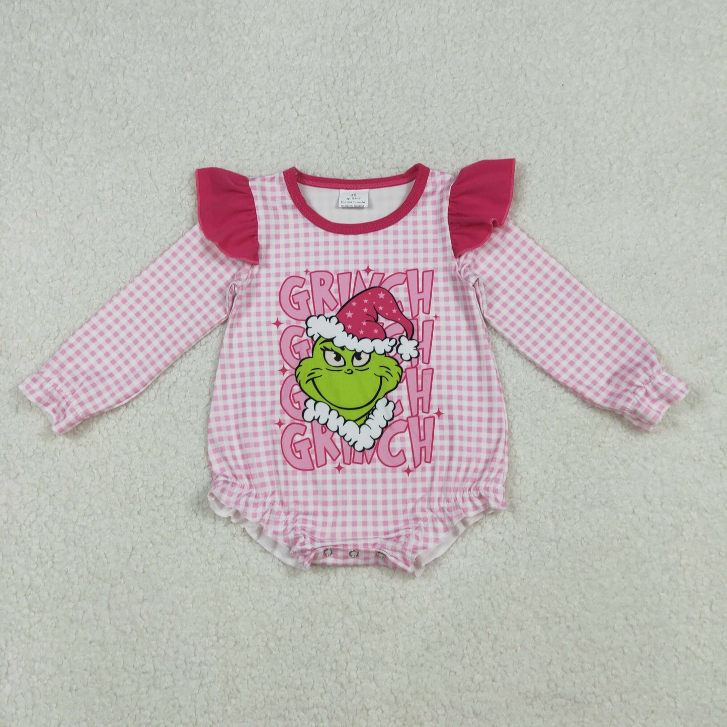 LR2554 Green Frog Pink Plaid Print Baby Girls Christmas Romper