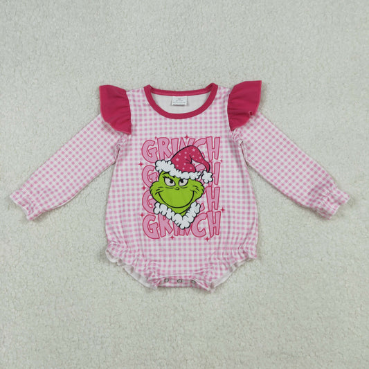 LR2554 Green Frog Pink Plaid Print Baby Girls Christmas Romper