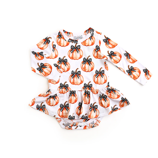 (Pre-order)LR2556 Pumpkin Bows Print Baby Girls Fall Skirted Romper