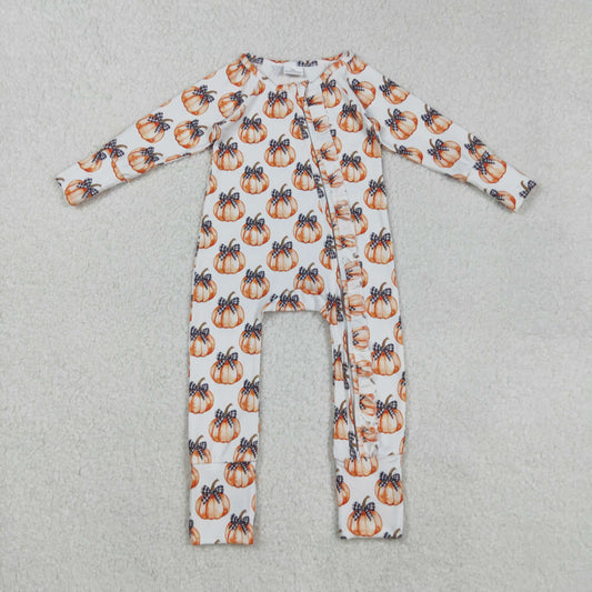 LR2557 Pumpkin Bows Print Baby Girls Fall Zipper Sleeper Romper