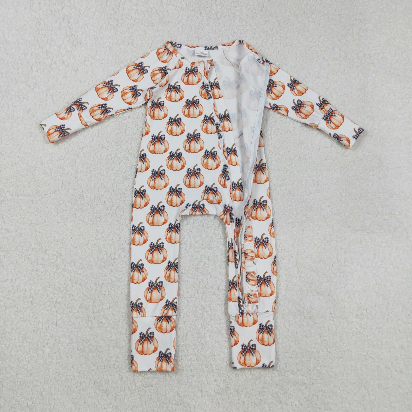 LR2557 Pumpkin Bows Print Baby Girls Fall Zipper Sleeper Romper
