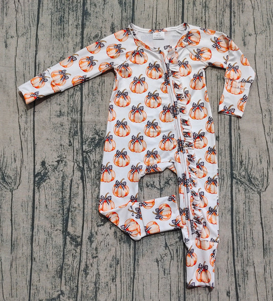 (Custom Design Preorder MOQ 20) Pumpkin Bows Print Baby Girls Fall Long Sleeve Bamboo Sleeper Zipper Romper