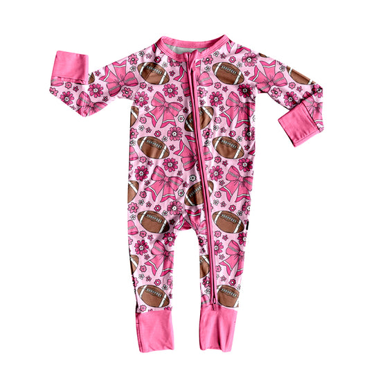 (Pre-order)LR2559 Football Bows Flowers Print Baby Girls Fall Zipper Sleeper Romper