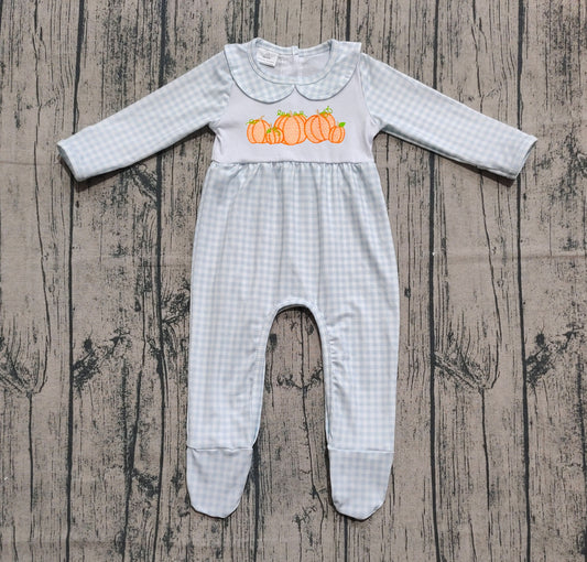 (Pre-order)LR2560 Pumpkin Blue Plaid Print Baby Fall Romper