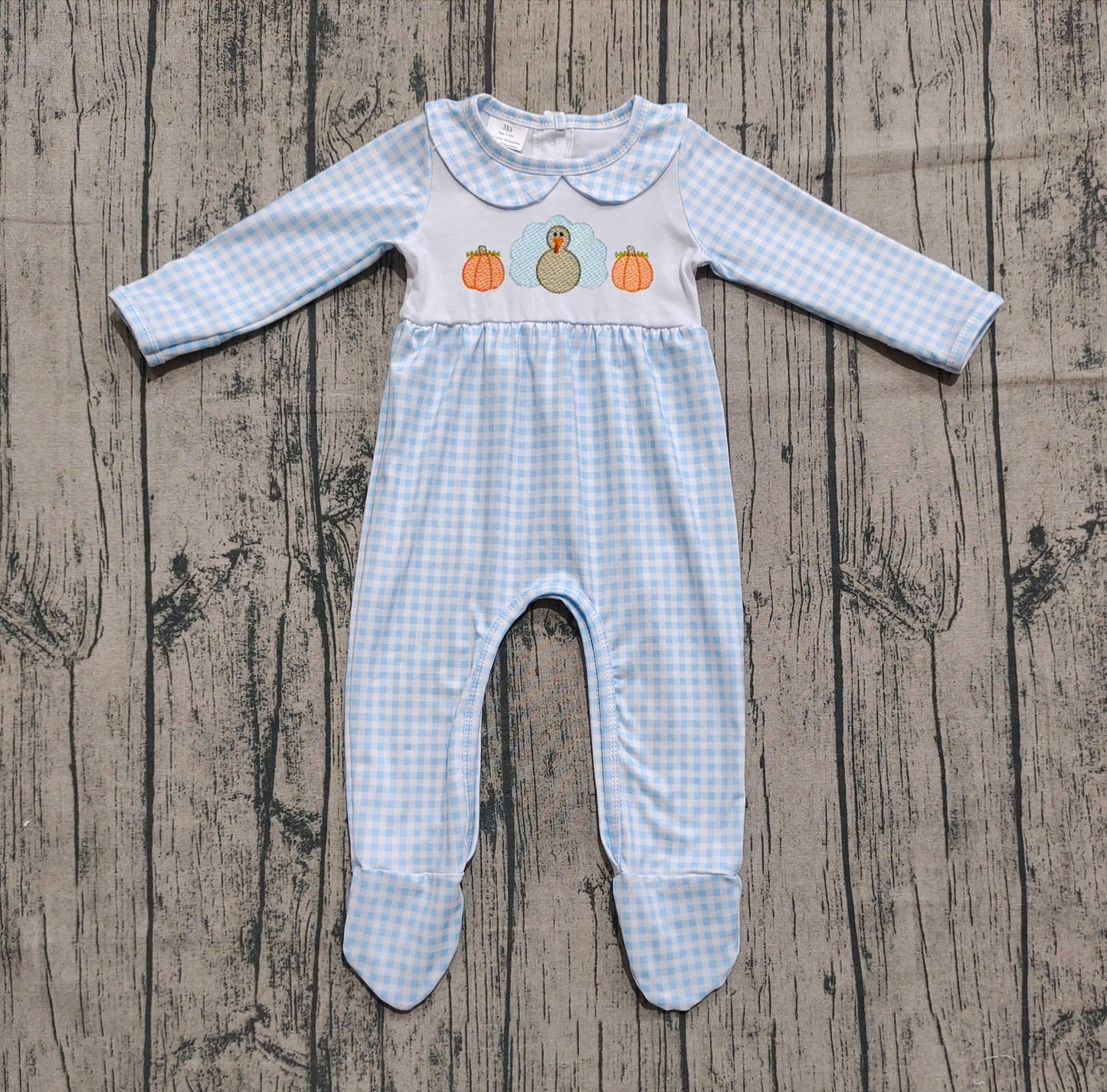 (Pre-order)LR2561 Turkey Pumpkin Blue Plaid Print Baby Boys Thanksgiving Romper