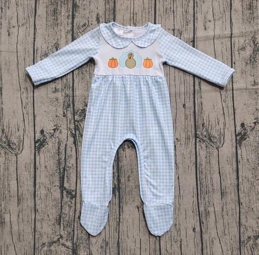 (Pre-order)LR2561 Turkey Pumpkin Blue Plaid Print Baby Boys Thanksgiving Romper