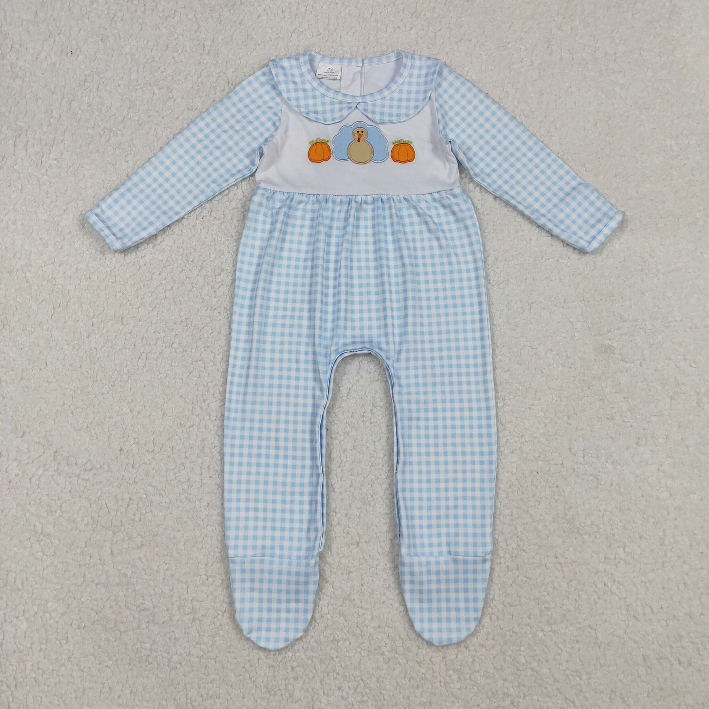 LR2561 Turkey Pumpkin Embroidery Blue Plaid Print Baby Boys Thanksgiving Footed Romper