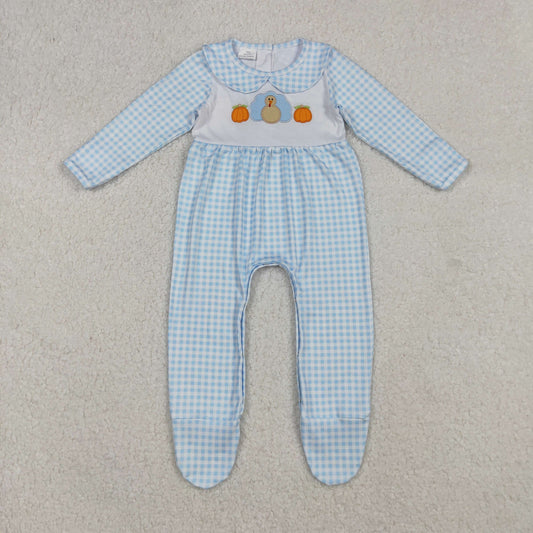 LR2561 Turkey Pumpkin Embroidery Blue Plaid Print Baby Boys Thanksgiving Footed Romper