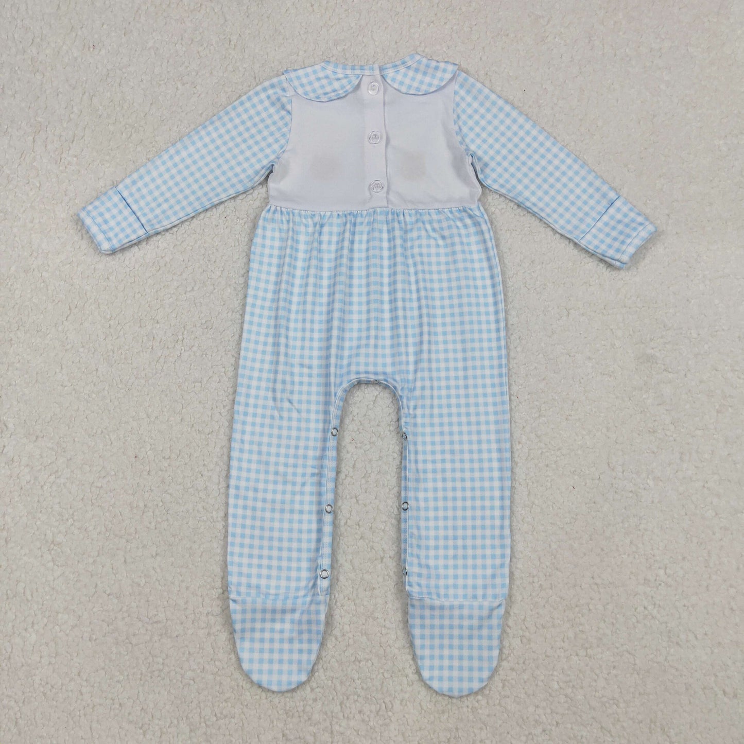 LR2561 Turkey Pumpkin Embroidery Blue Plaid Print Baby Boys Thanksgiving Footed Romper