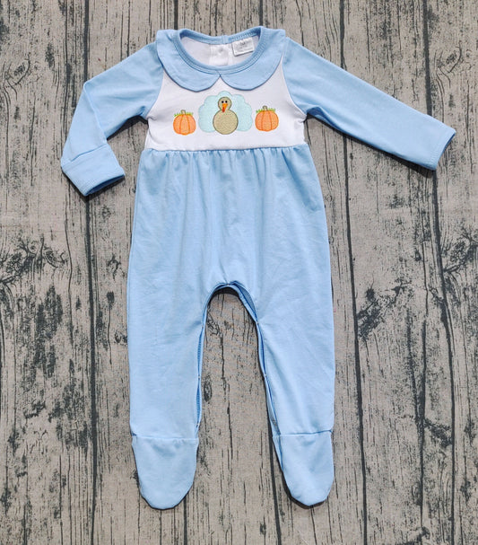 (Pre-order)LR2562 Turkey Pumpkin Blue Print Baby Boys Thanksgiving Romper