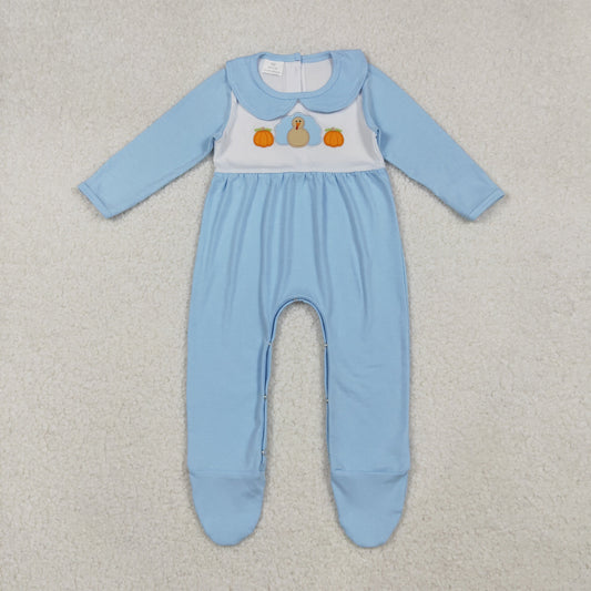 LR2562 Turkey Pumpkin Embroidery Blue Color Baby Boys Thanksgiving Footed Romper