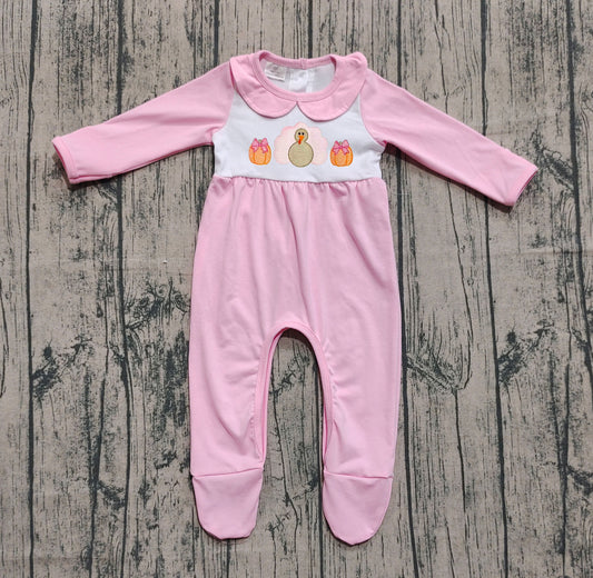 (Pre-order)LR2563 Turkey Pumpkin Pink Print Baby Girls Thanksgiving Romper