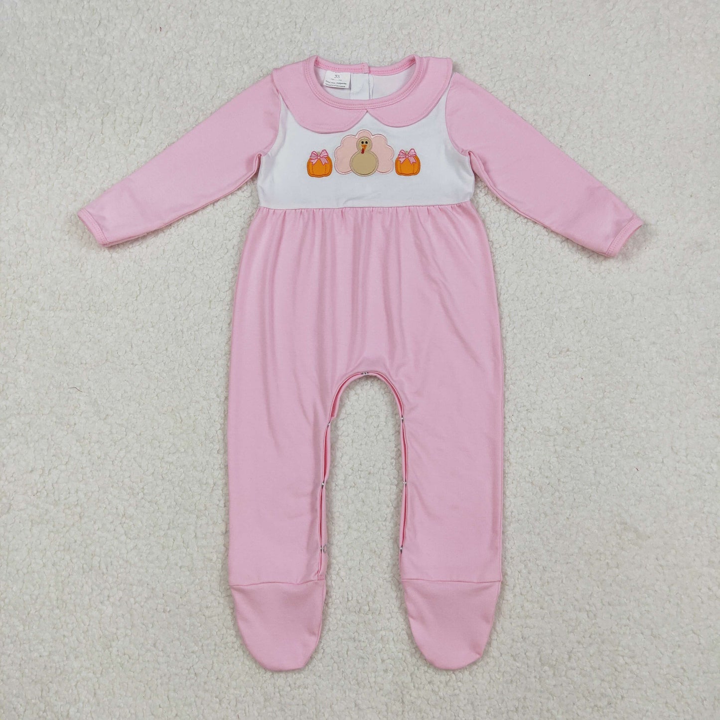 LR2563 Turkey Pumpkin Embroidery Pink Baby Girls Thanksgiving Footed Romper