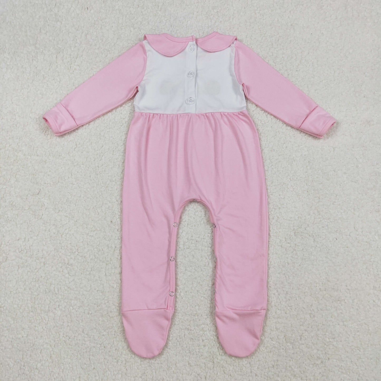 LR2563 Turkey Pumpkin Embroidery Pink Baby Girls Thanksgiving Footed Romper