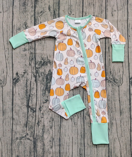 (Pre-order)LR2565 Pumpkin Print Baby Boys Fall Zipper Sleeper Romper