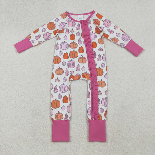 LR2566 Pink Orange Pumpkin Print Baby Girls Fall Zipper Sleeper Romper