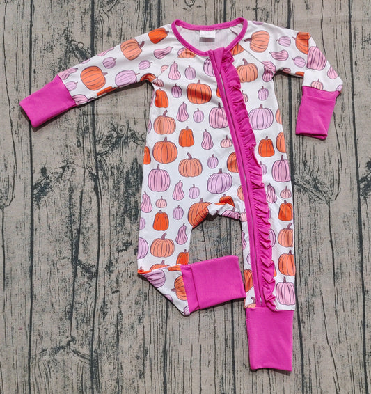 (Pre-order)LR2566 Pink Orange Pumpkin Print Baby Girls Fall Zipper Sleeper Romper