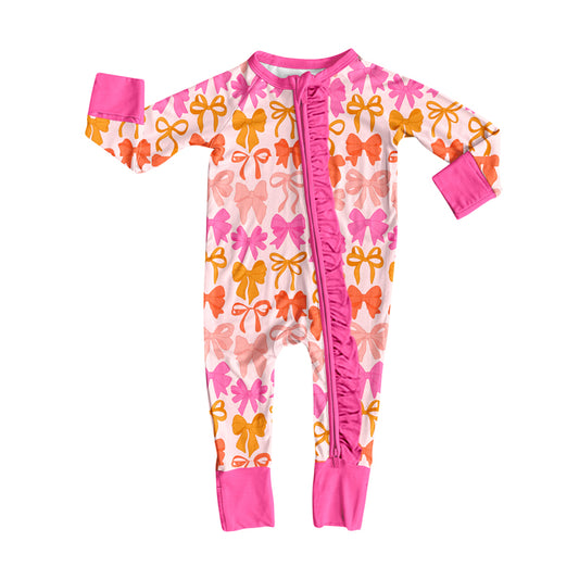 (Pre-order)LR2567 Pink Orange Bows Print Baby Girls Fall Zipper Sleeper Romper