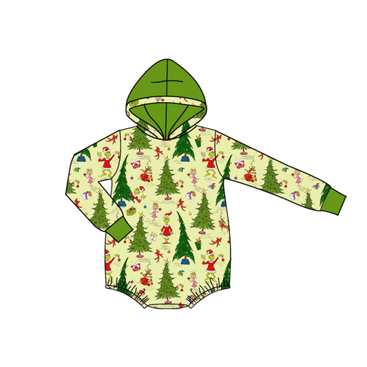 (Pre-order)LR2568 Green Frog Tree Print Baby Boys Christmas Hoodie Romper