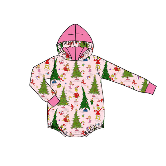 (Pre-order)LR2569 Green Frog Tree Print Baby Girls Christmas Hoodie Romper
