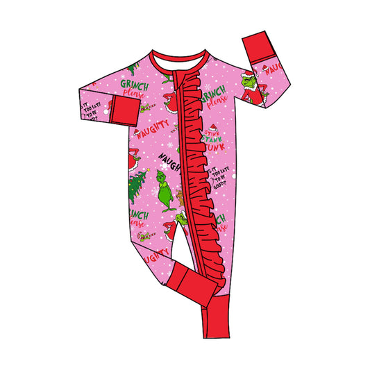 (Pre-order)LR2570 Green Frog Hot Pink Print Baby Girls Christmas Zipper Sleeper Romper