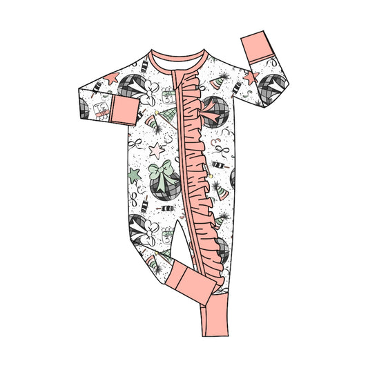 (Pre-order)LR2571 DEC.31 Bows Print Baby Girls Happy New Year Zipper Sleeper Romper