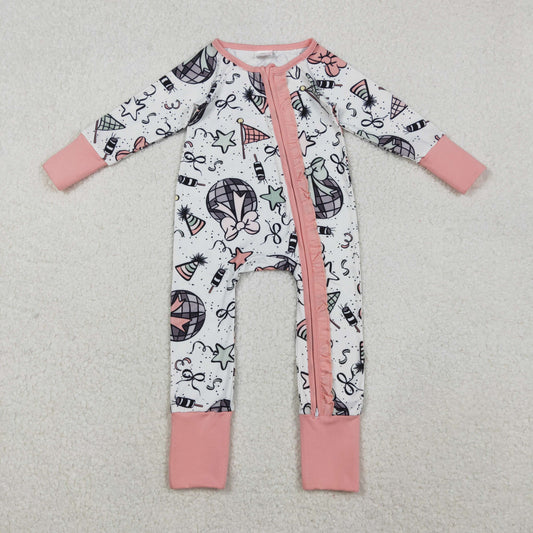 LR2571 Fireworks Stars Bows Print Baby Girls Happy New Year Zipper Sleeper Romper