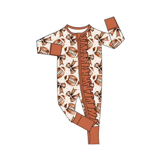 (Pre-order)LR2572 Football Bows Brown Print Baby Girls Fall Zipper Sleeper Romper