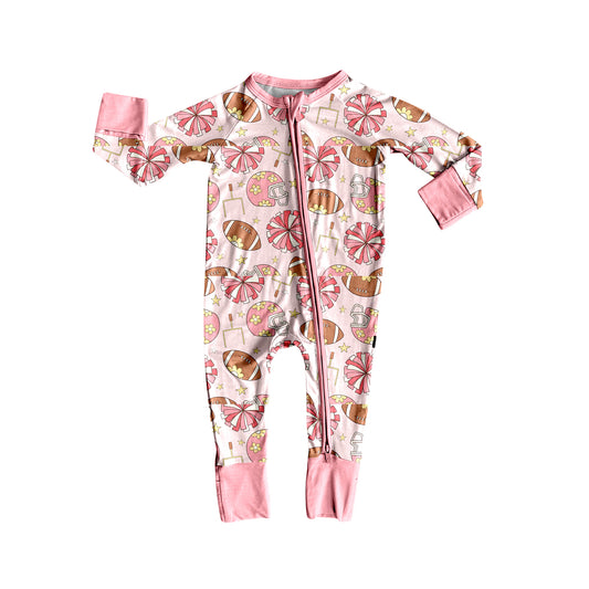 (Pre-order)LR2573 Football Flowers Cheer Print Baby Girls Fall Zipper Sleeper Romper