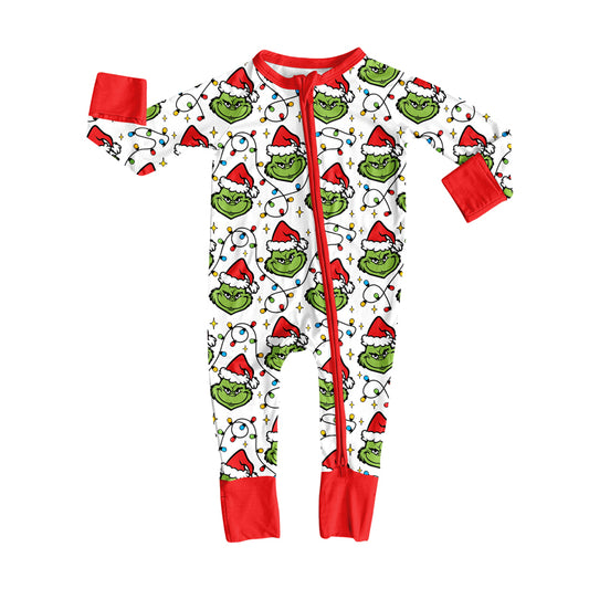(Pre-order)LR2574 Green Frog Lights Print Baby Christmas Zipper Sleeper Romper
