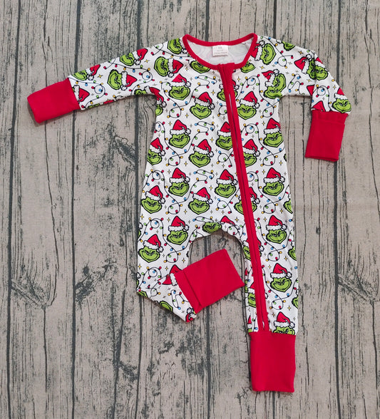 (Pre-order)LR2574 Green Frog Lights Print Baby Christmas Zipper Sleeper Romper