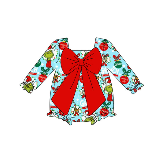 (Pre-order)LR2575 Green Frog Blue Print Baby Girls Christmas Bow Romper