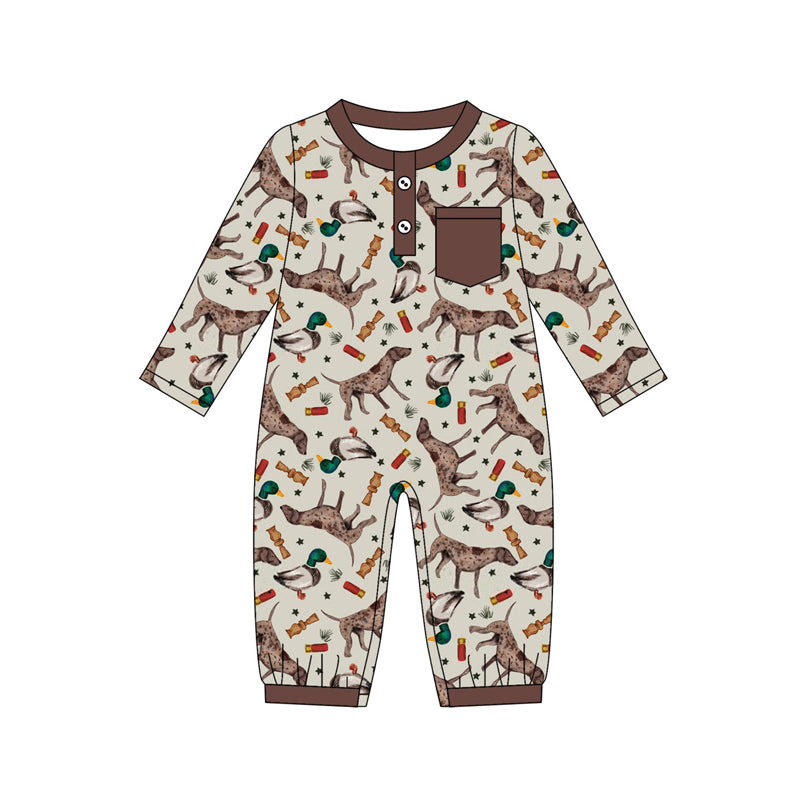 (Pre-order)LR2576 Duck Dog Brown Print Baby Boys Fall Hunting Romper