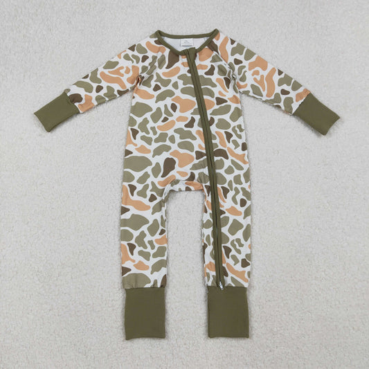LR2578 Green Camo Print Baby Fall Zipper Sleeper Romper