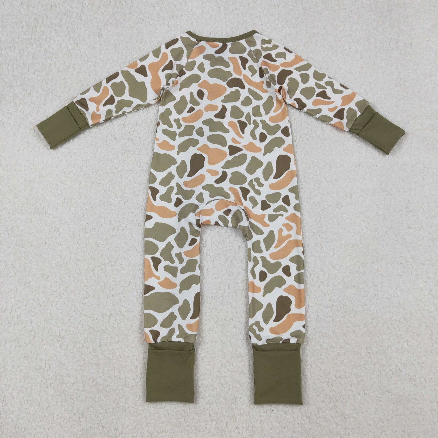 LR2578 Green Camo Print Baby Fall Zipper Sleeper Romper