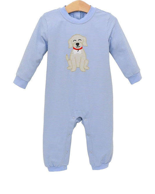 (Pre-order)LR2579 Dog Blue Stripes Print Baby Boys Fall Romper