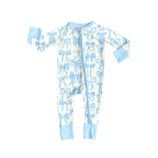 (Pre-order)LR2581 Blue Bows Print Baby Girls Fall Zipper Sleeper Romper