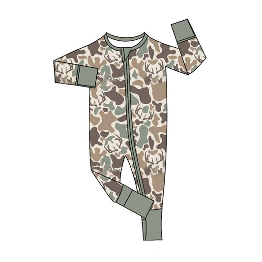 (Pre-order)LR2582 Brown Camo Print Baby Boys Fall Zipper Sleeper Romper